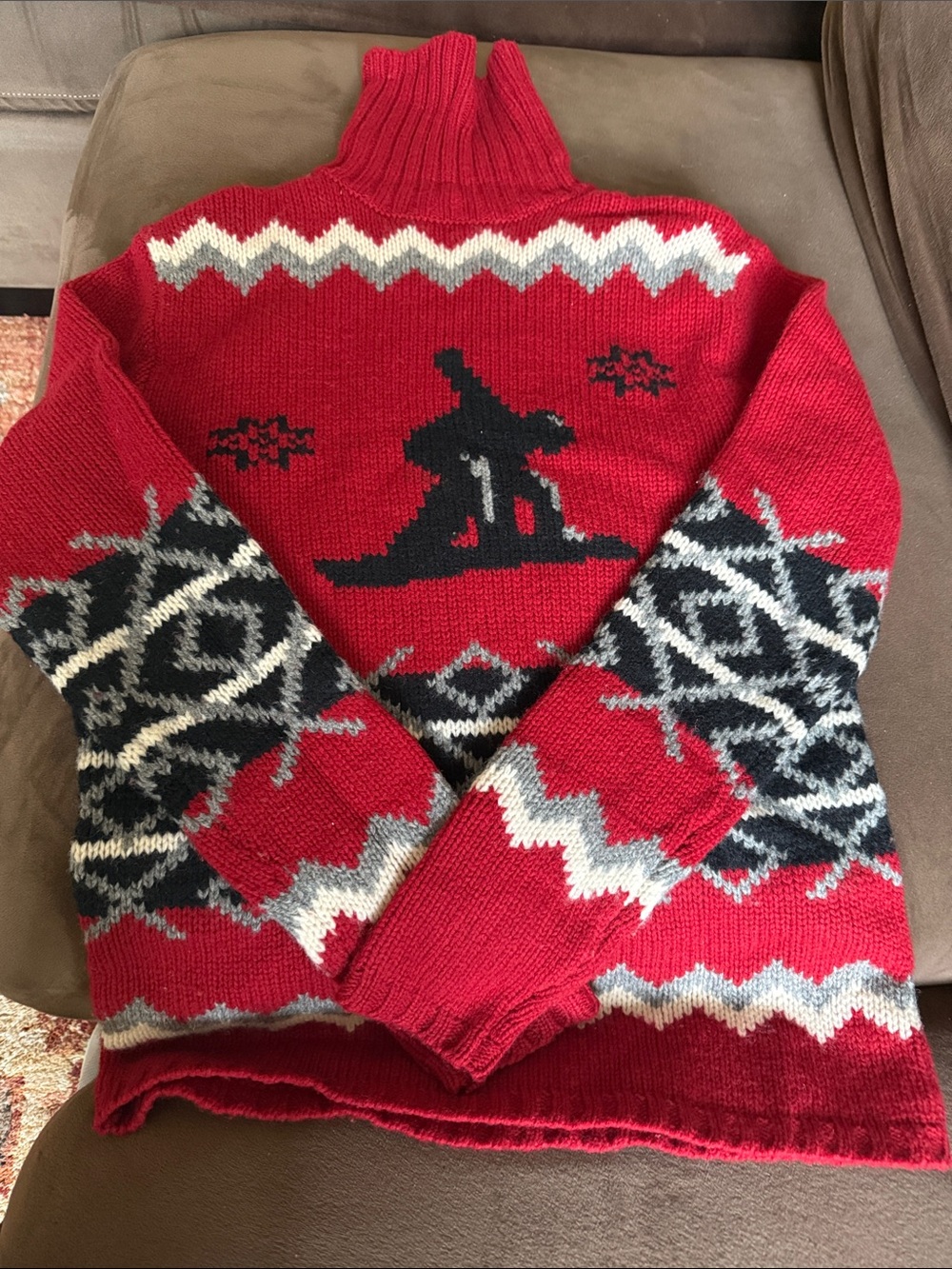 Vintage snowboarder 100% lambswool Red Nordic Pattern Turtleneck Sweater